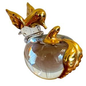 Vintage Apple, hummingbird art blown glass with applied gold paperweight